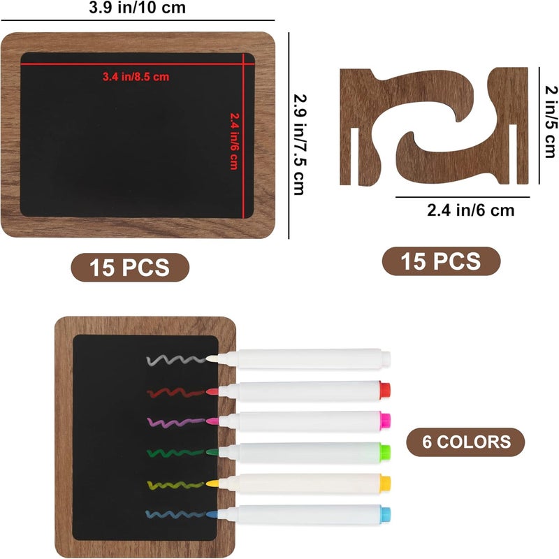 Temlum 15 Pcs Mini Chalkboard Sign with 6 Color Chalk Markers, 2.9″ x 3.9″ Wooden Blackboard Reusable Small Chalkboards for Food, Buffet, Parties, Message Boards, Table Numbers (Rectangular) - Image 2